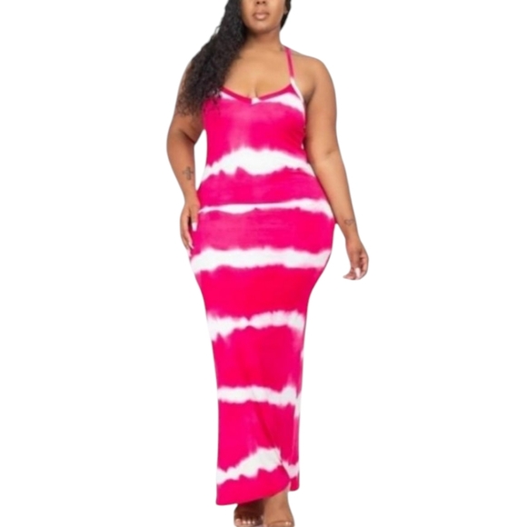 Striped Tie-Dye Printed Racerback Maxi Dress Plus Size - Picture 1 of 13